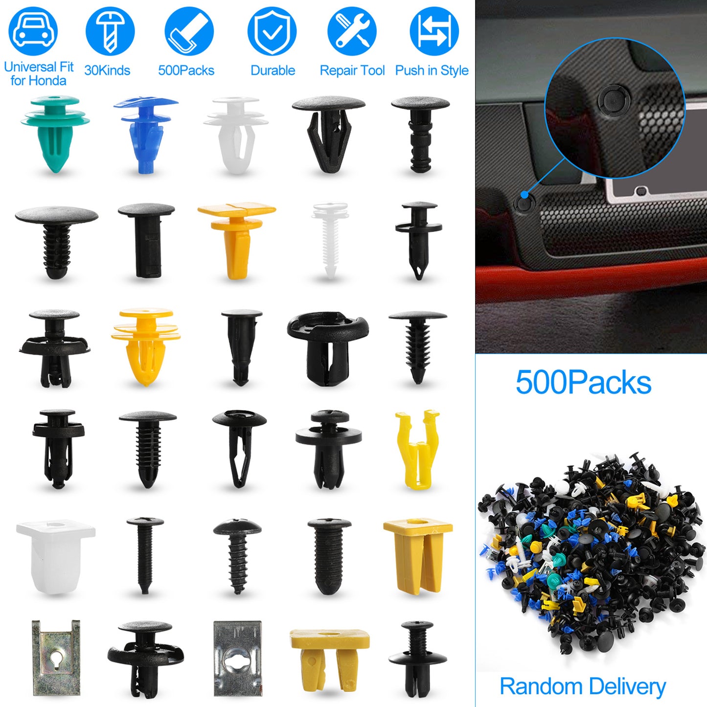 Bumper Fastener Rivets Kit - 500 Pieces, 30 Types