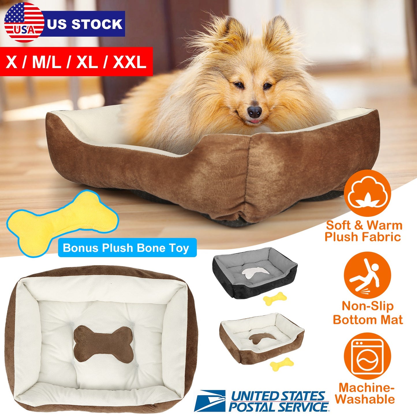 Plush Dog Bed with Non-Slip Bottom & Bonus Toy