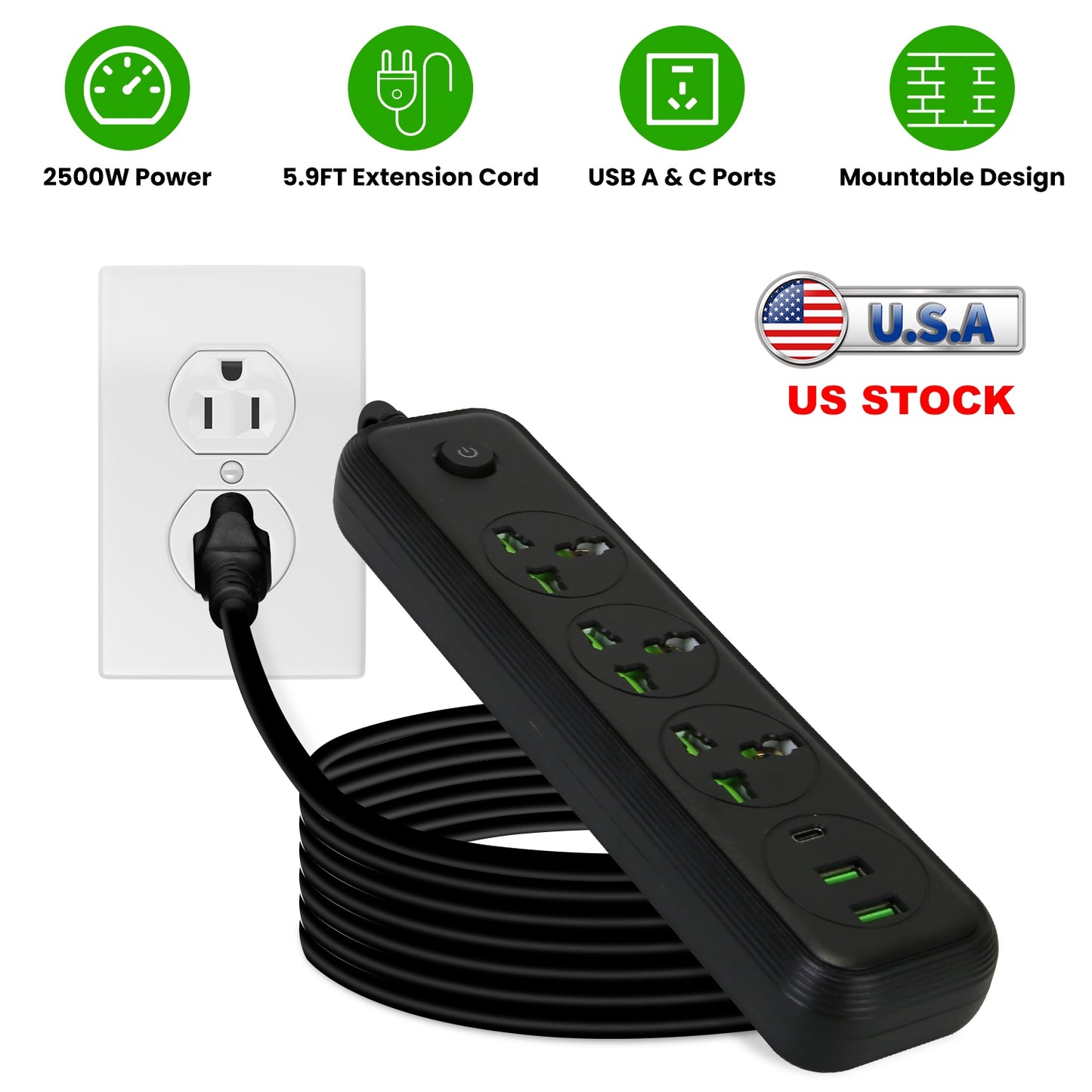 Power Strip with 5.9ft Extension Cord, 3 AC Outlets & USB Ports
