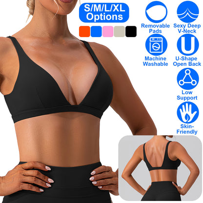 Women Deep V-Neck Sports Bras U-Shaped Back Sport Bras Padded Strappy Crop Open Back Low Impact Bras Sexy Fitness Tank Tops with Removable Pads for Gy