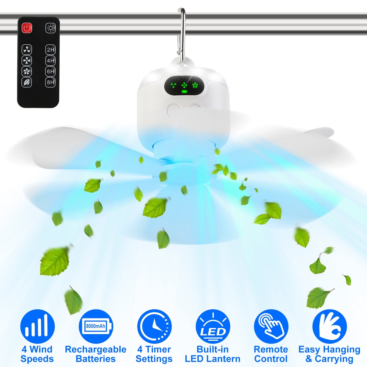 Portable Camping Fan with LED Lantern 8000mAh Battery Powered