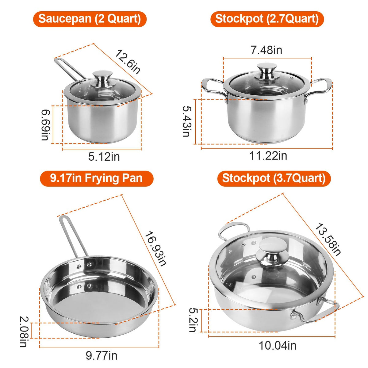 Stainless Steel Cookware Set Fast Even Heat Induction Pots Pans Set Dishwasher Safe with 2.7/3.7 Quart Stockpot 2 Quart Saucepan 9.17in Frying Pan