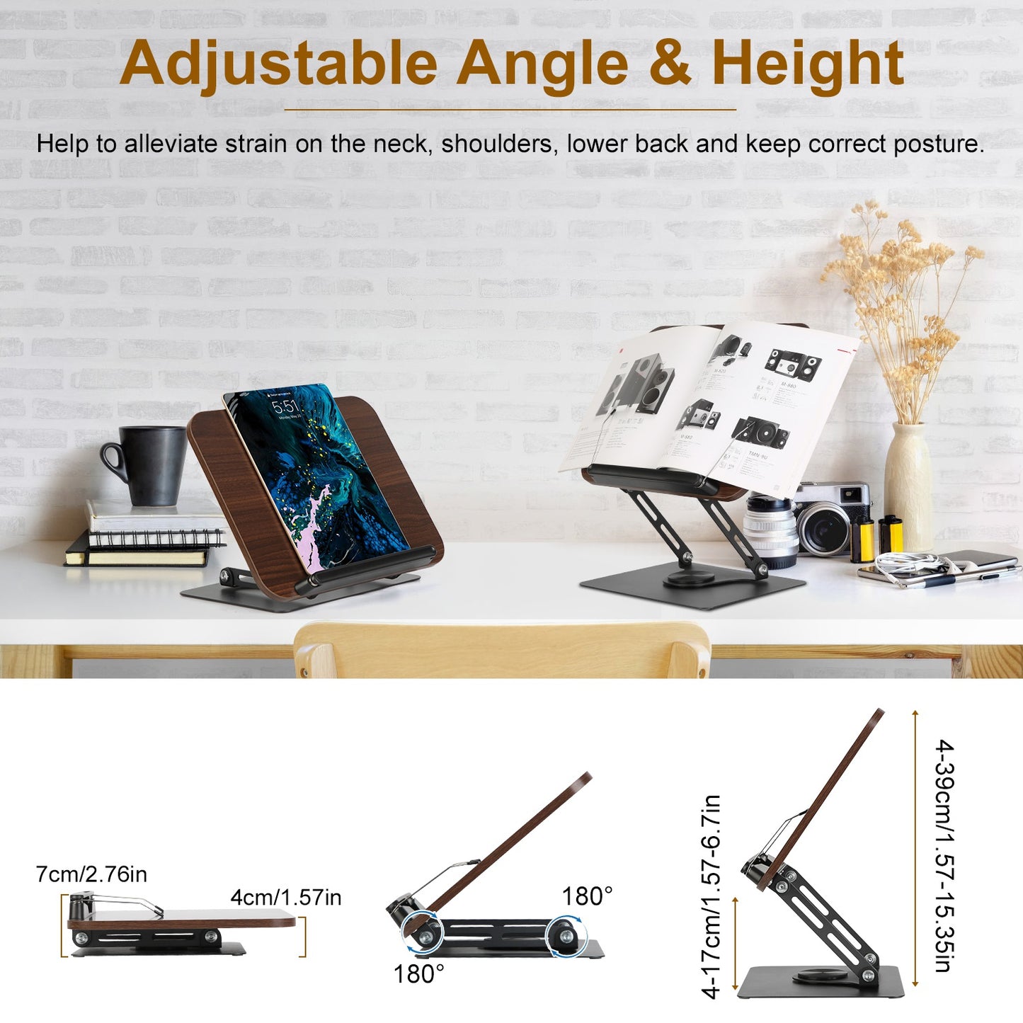 Adjustable Book Stand with 360° Rotatable Base & Paper Clips