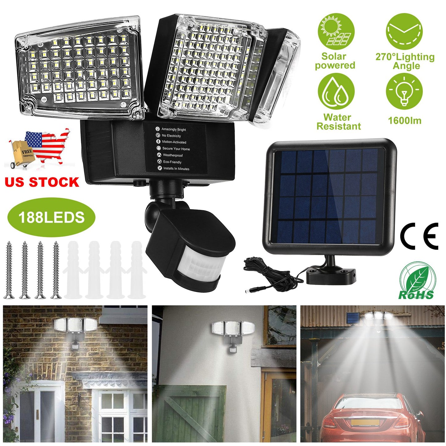 Solar Motion Sensor Light 188 LEDs 1600lm with 3 Rotatable Heads