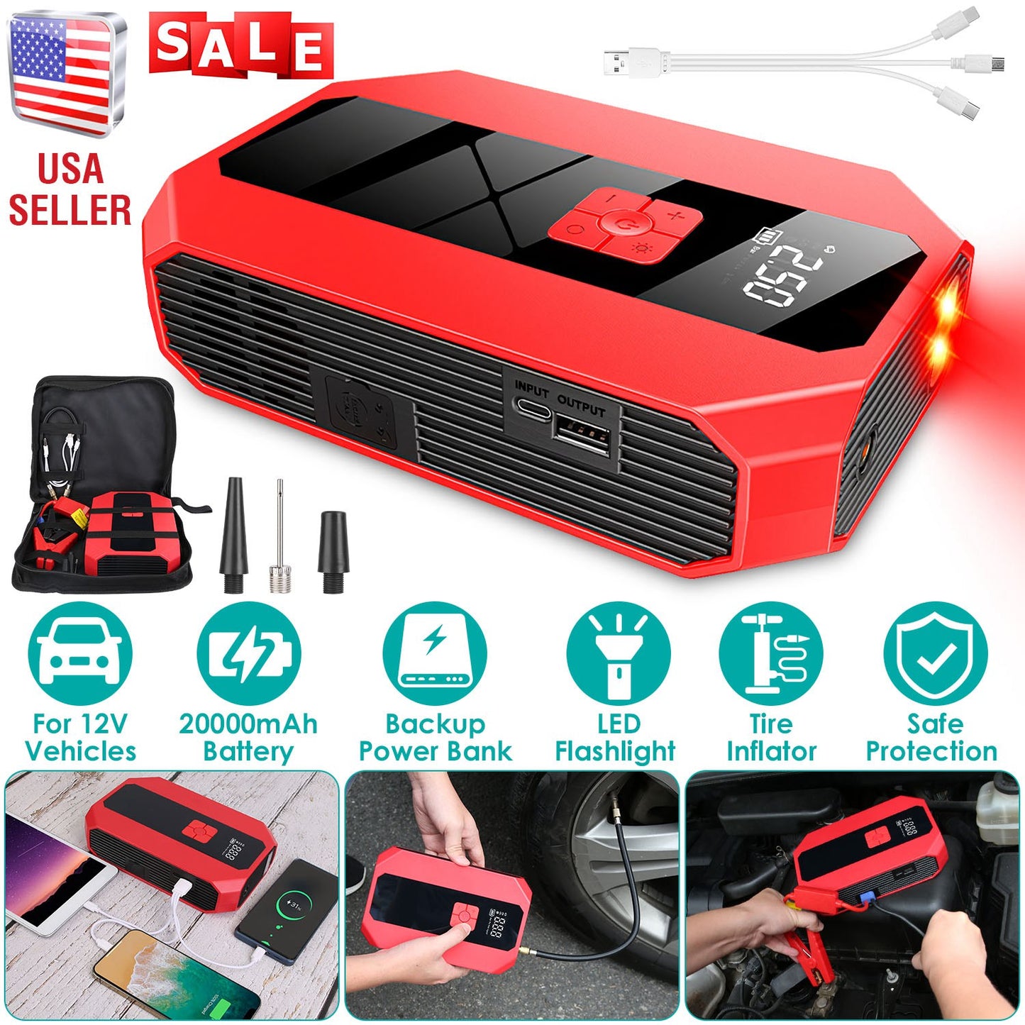 Car Jump Starter 1500A with Air Compressor & Power Bank