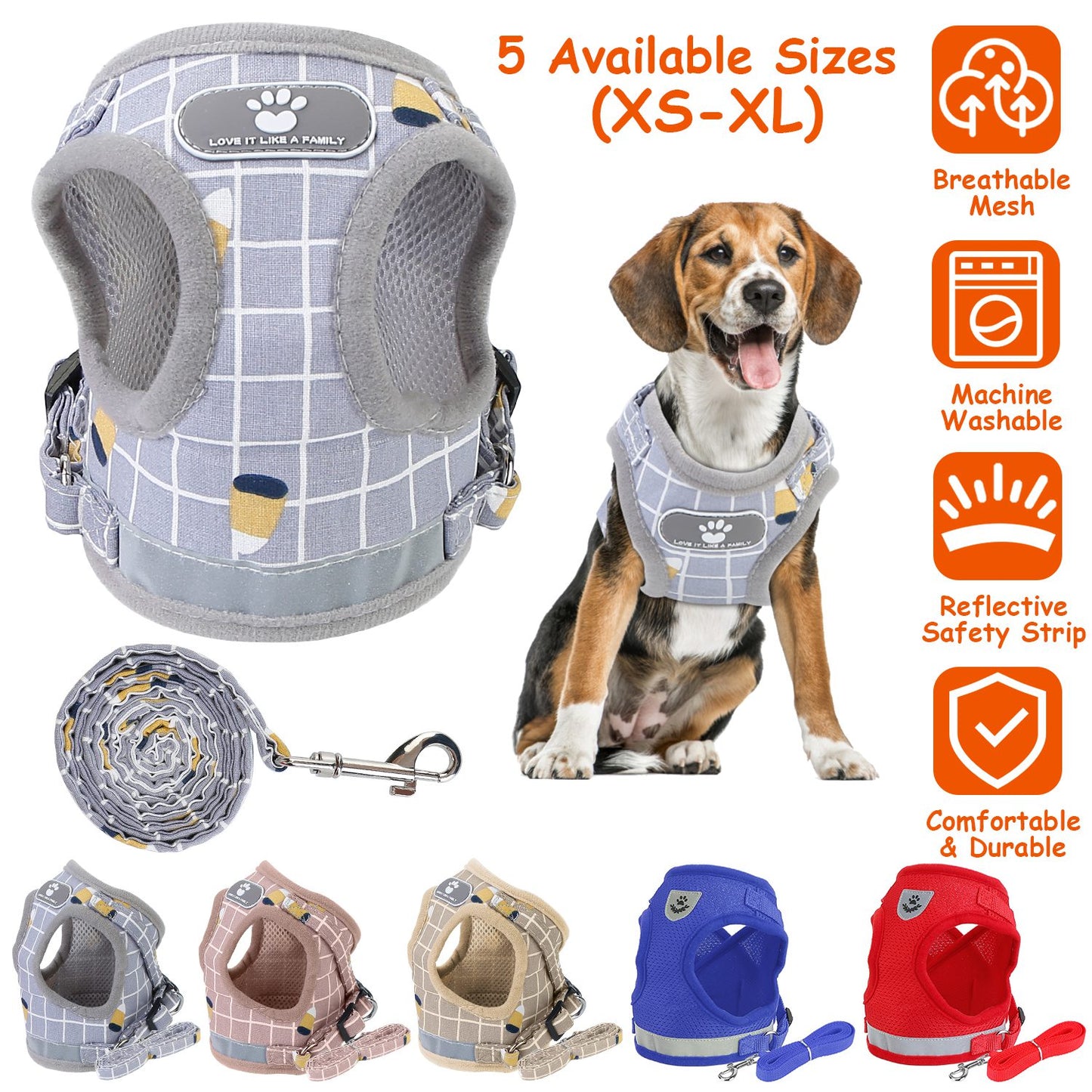 Reflective Dog Harness and Leash Set with Adjustable Mesh Vest