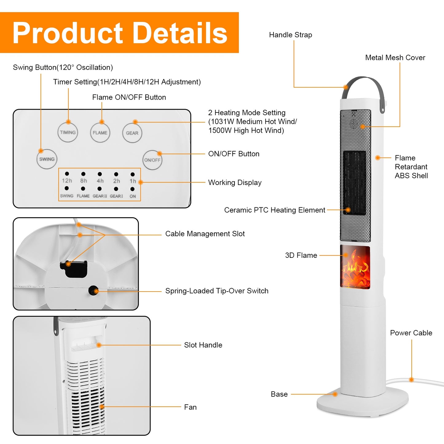 Oscillating Ceramic Tower Space Heater with 3D Flame Effect