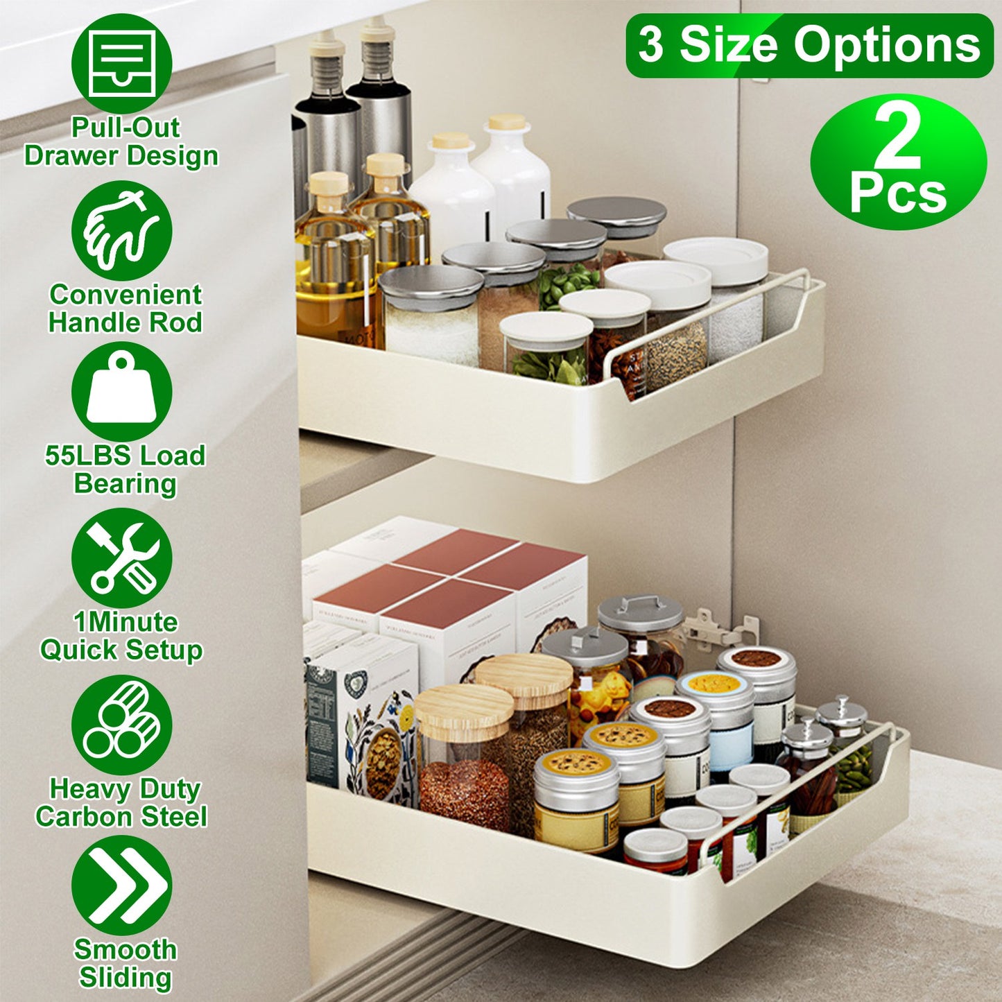 Pull Out Cabinet Organizers - 2 Pack Carbon Steel Sliding Drawers