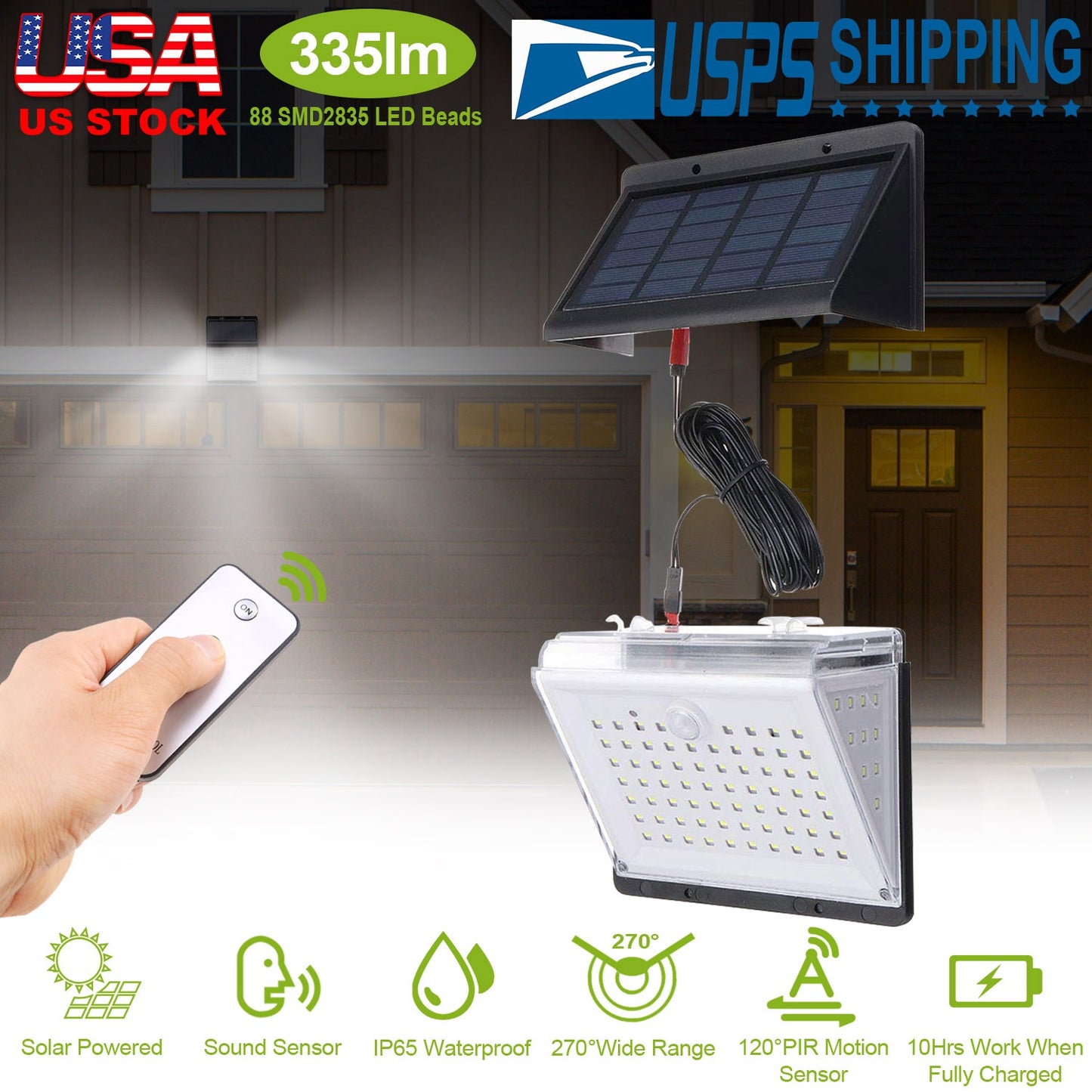 Solar Motion Sensor Wall Light with 88 LEDs and Remote Control