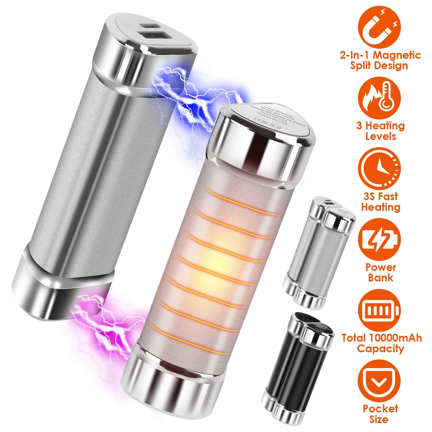 Magnetic Hand Warmers 2-Pack with 10000mAh Power Bank