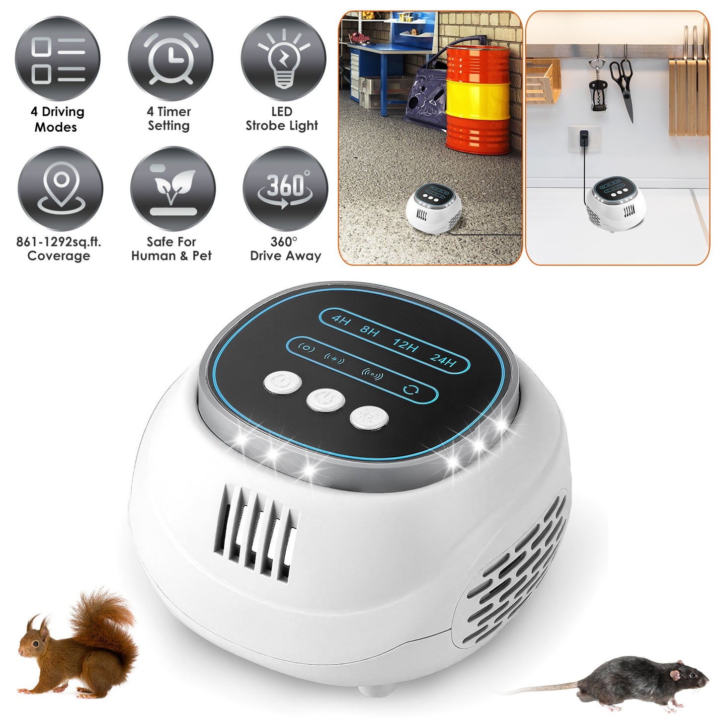 Ultrasonic Rodent Repeller with 4 Modes & Strobe Light