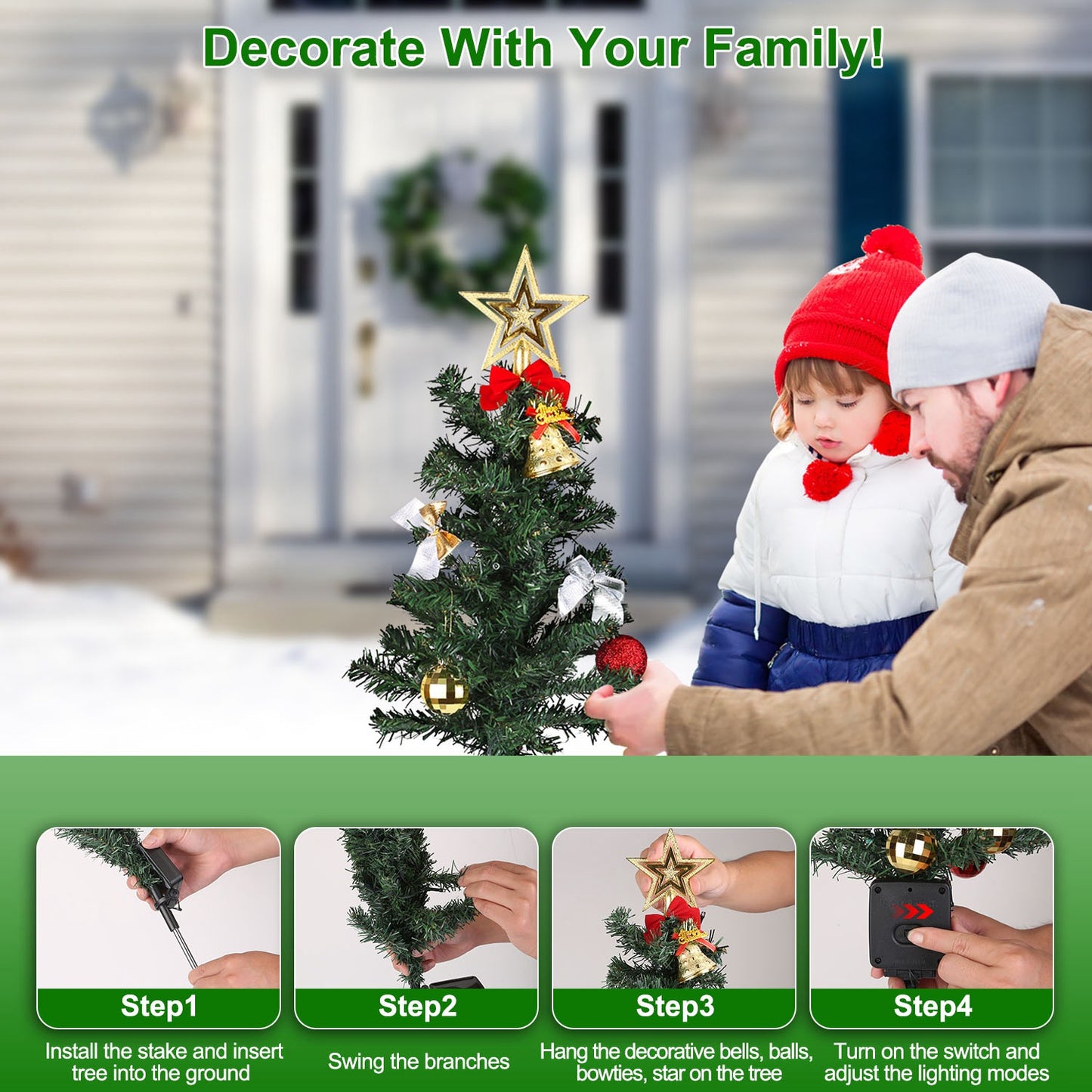 Solar Christmas Tree Lights 4-Pack with Ornaments & Stakes