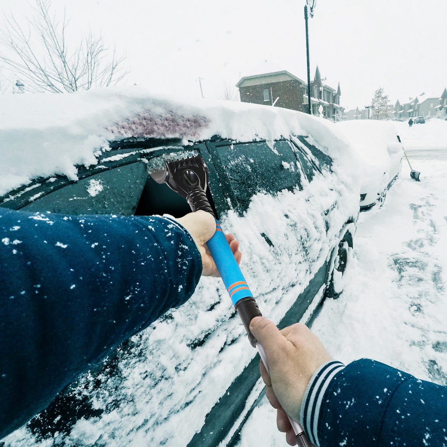 Extendable Snow Brush and Ice Scraper with Pivoting Head