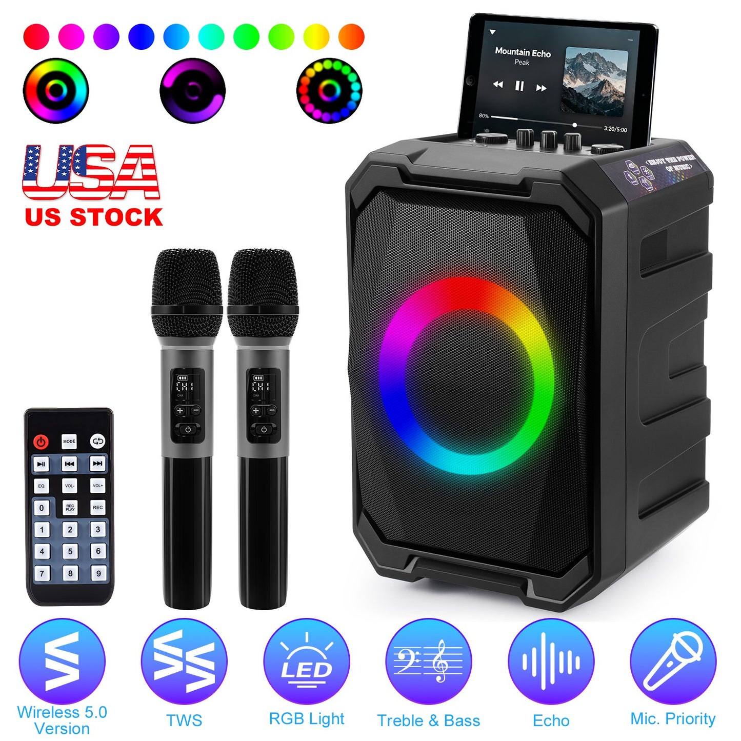 Portable Wireless Party Speaker with LED Lights & 2 Mics