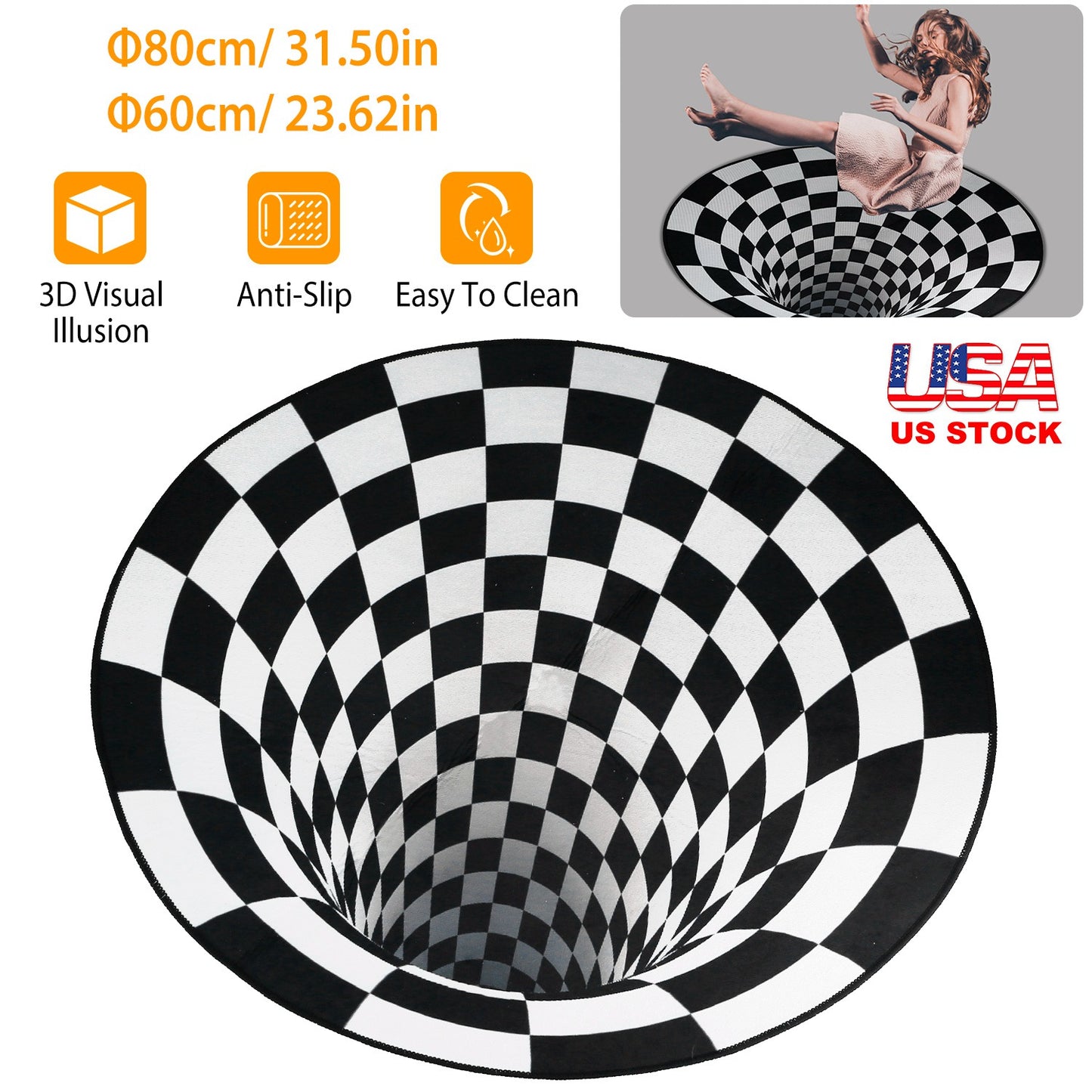 3D Illusion Round Area Rug - Black & White Checkered Design