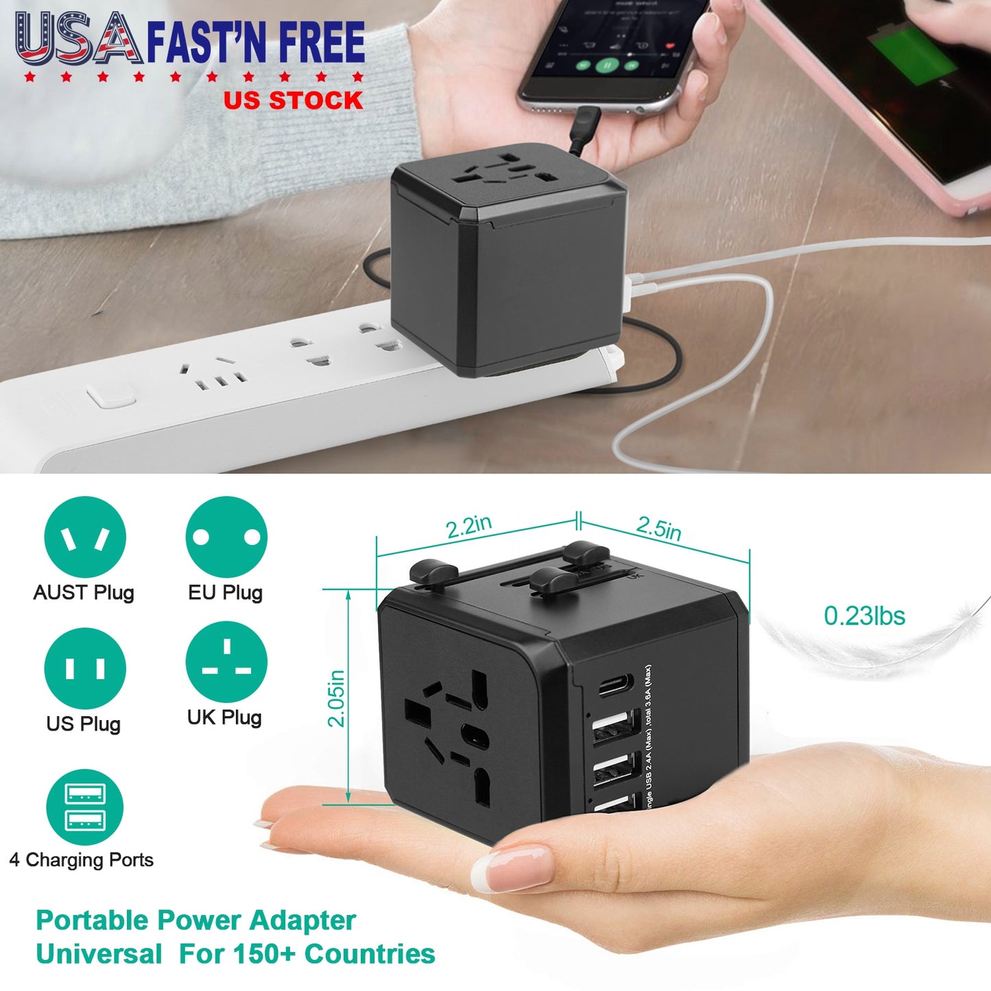 Universal Travel Adapter with 4 USB Ports for 150+ Countries