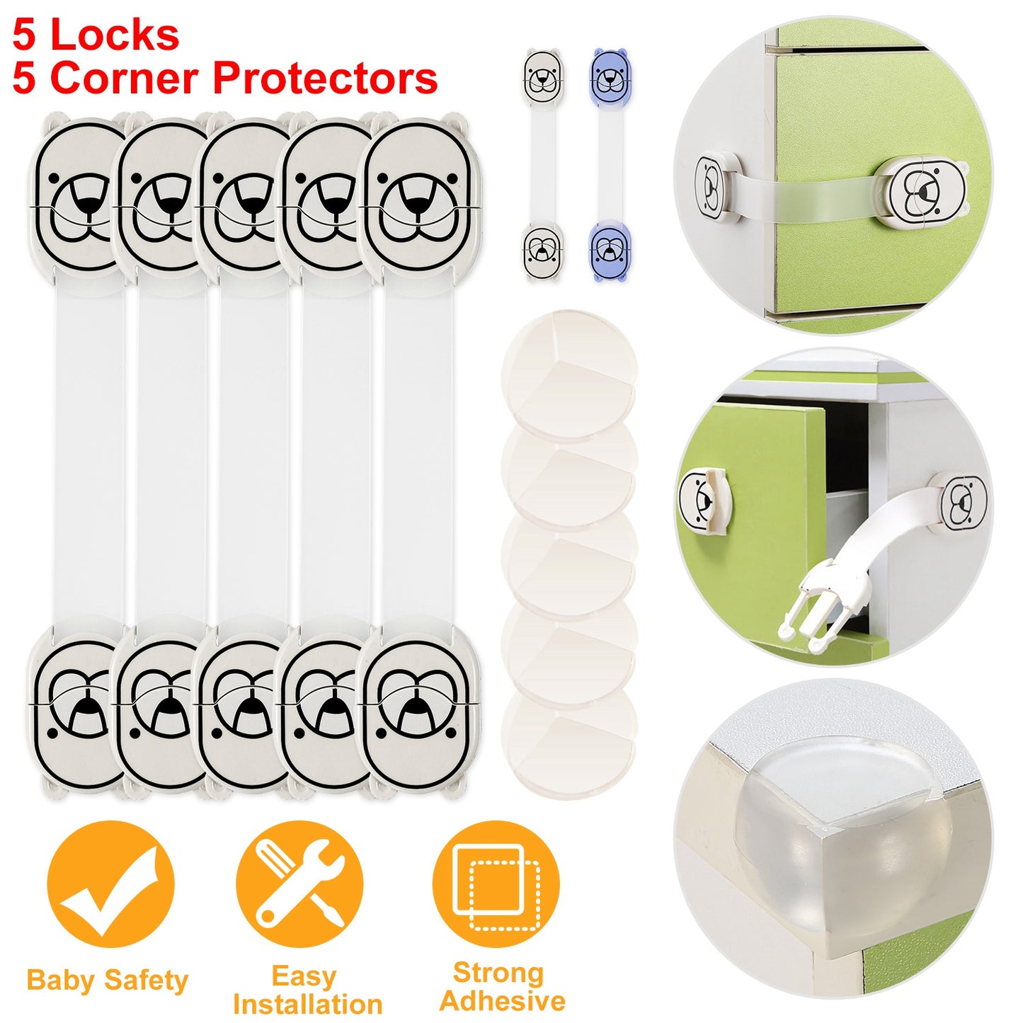 Child Safety Locks with Corner Protectors - 10 Piece Set
