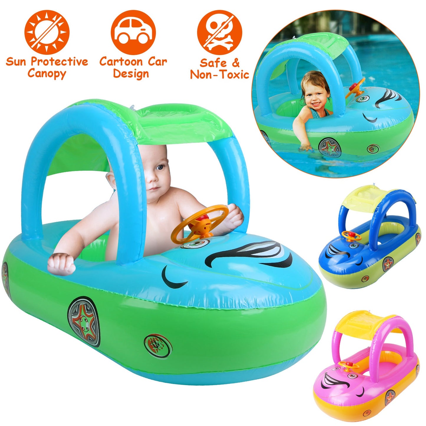 Baby Pool Float with Sun Canopy - Car Shaped Swim Ring