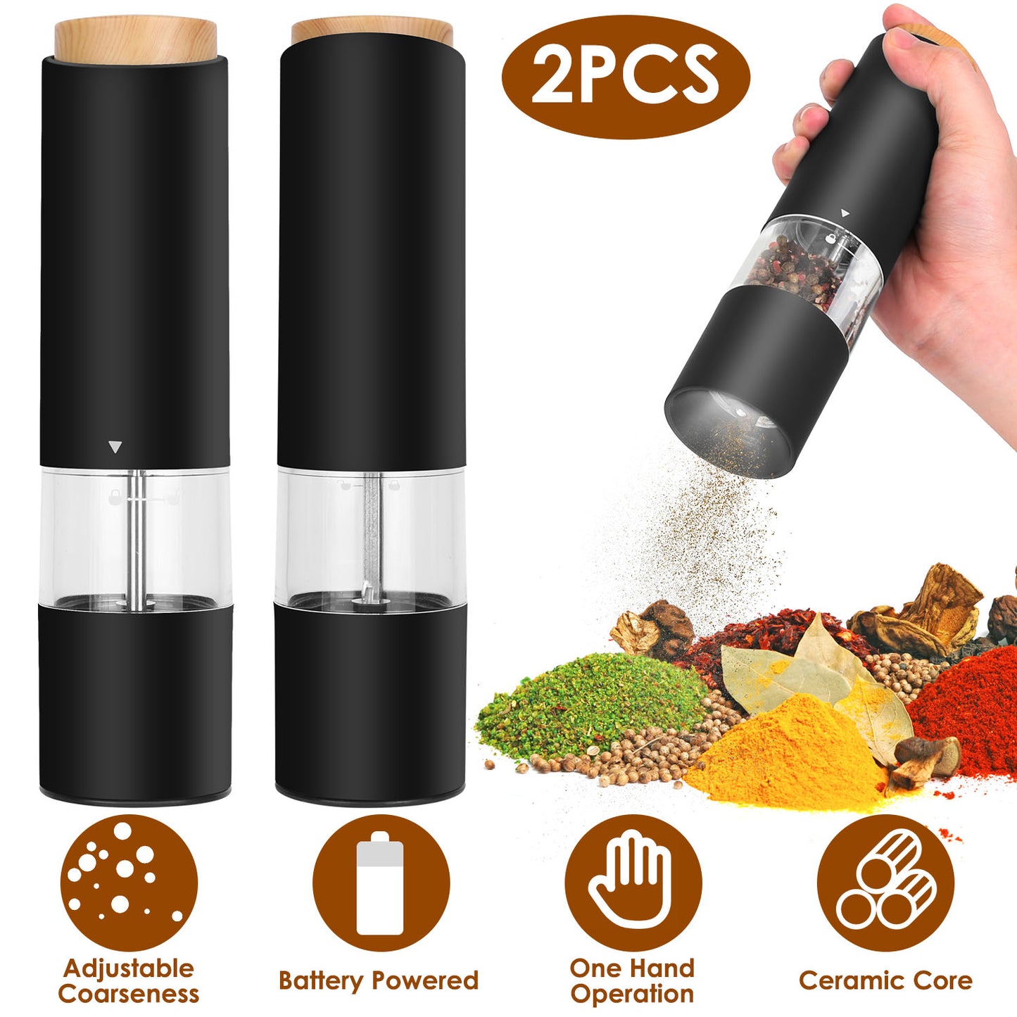 Electric Salt and Pepper Grinder Set - Battery Powered, 2 Pack