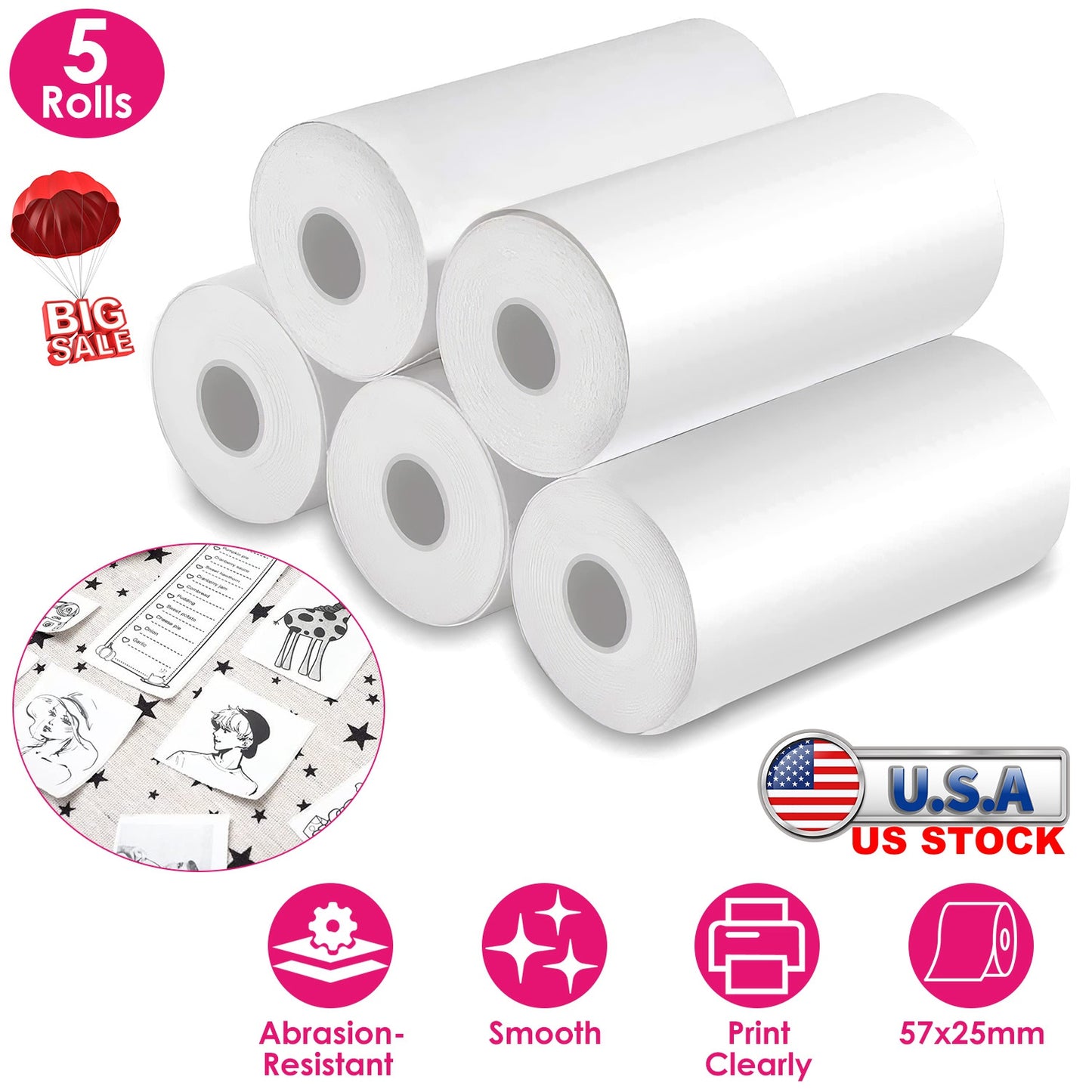 Thermal Printer Paper Rolls 57x25mm - 5 Pack White