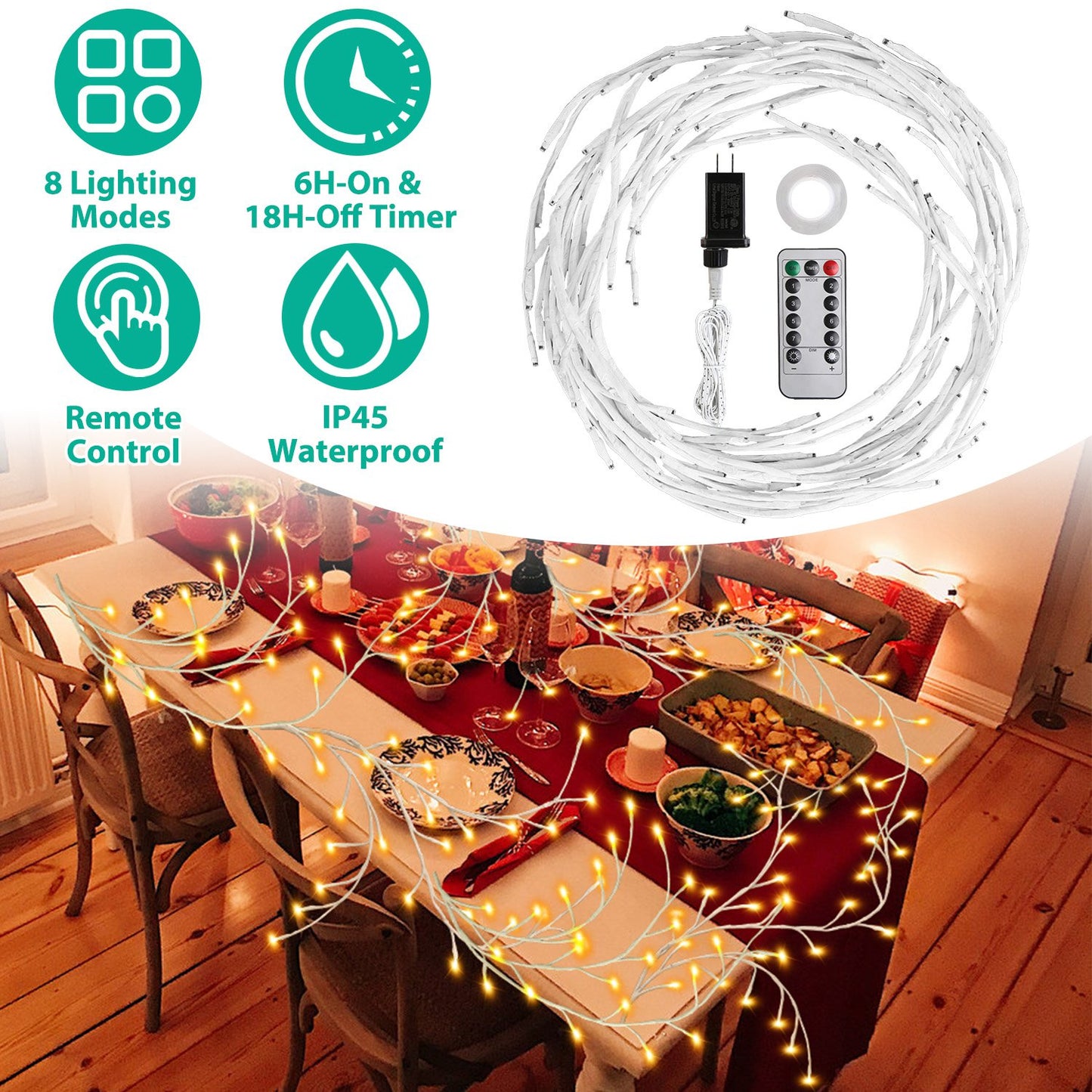 Lighted Birch Garland 7.87FT with 144 LED Warm White Lights