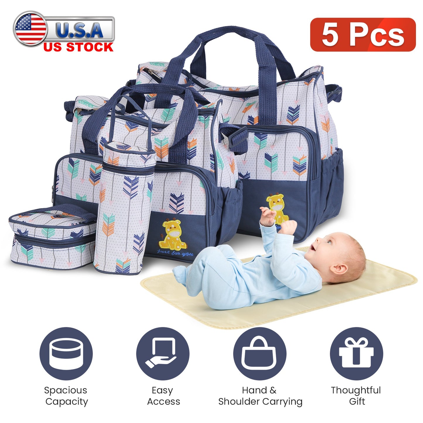 5-Piece Diaper Bag Set with Bottle Bag and Changing Pad