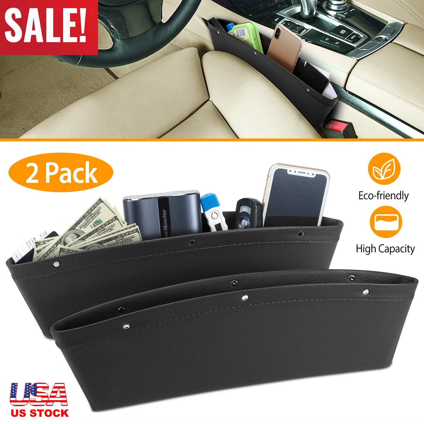 Seat Wedge Organizer 2-Pack for Car Storage