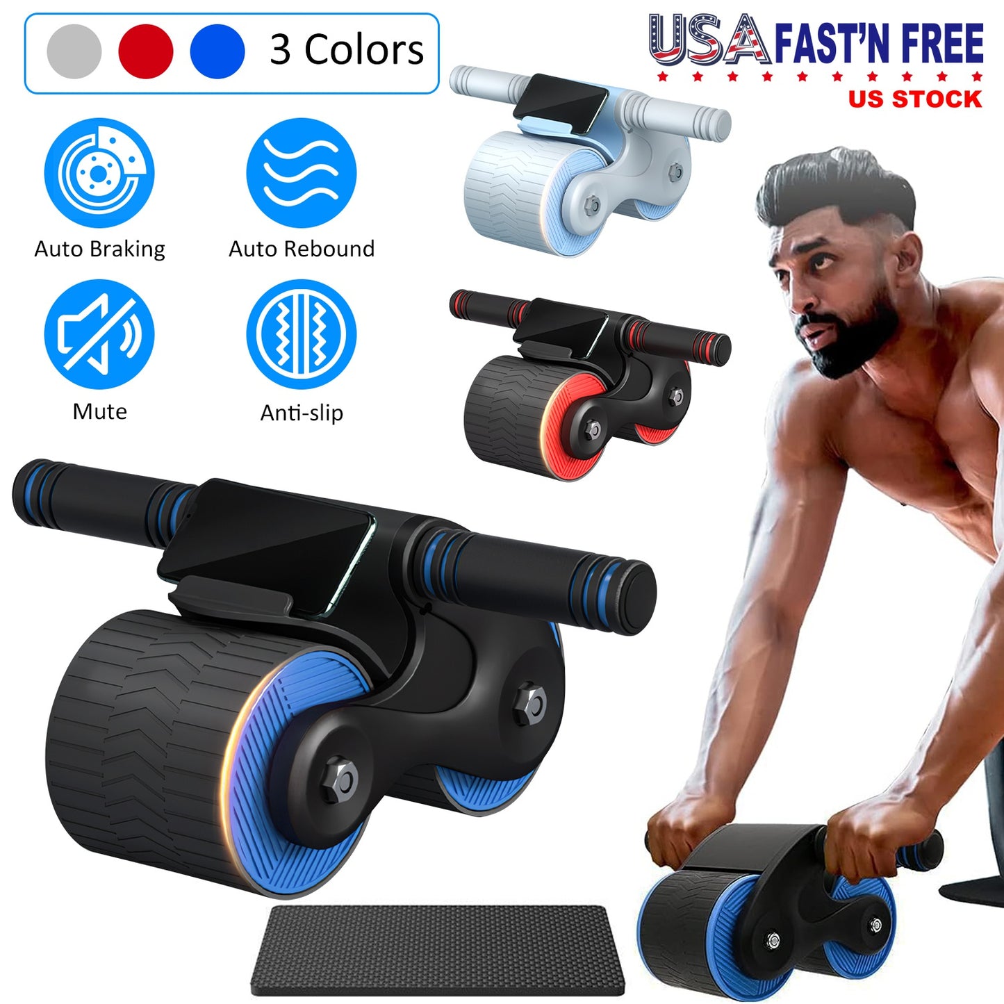 Automatic Rebound AB Roller Wheel with Kneel Pad & Phone Holder
