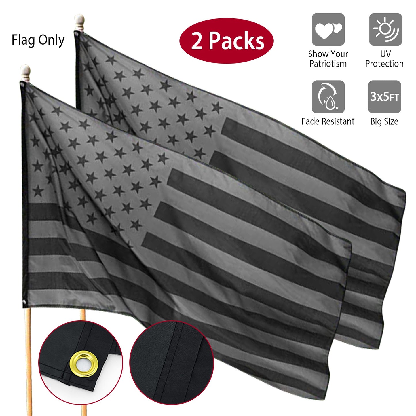 All Black American Flag 3x5 FT with Brass Grommets
