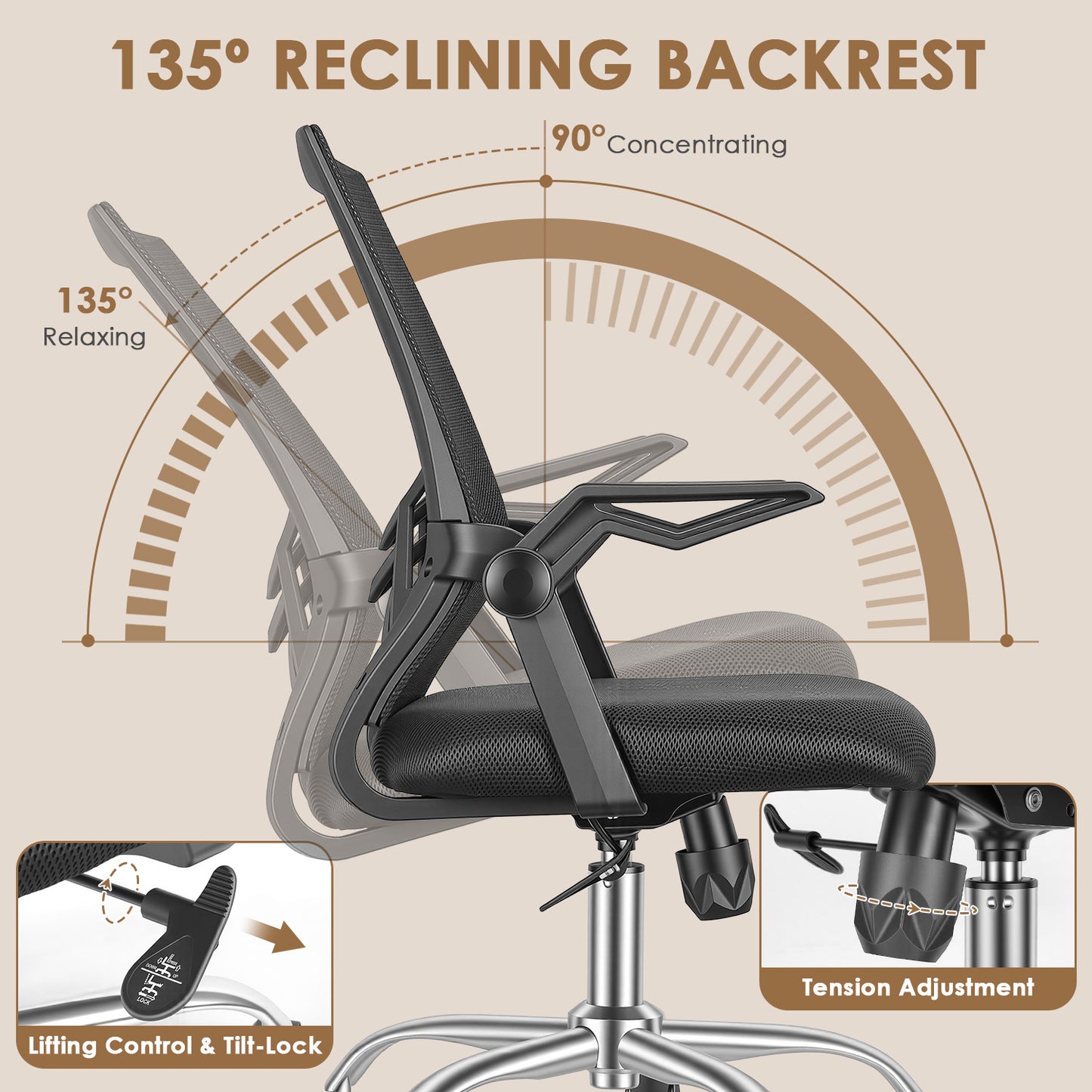 Ergonomic Mesh Office Chair with 135° Reclining Backrest