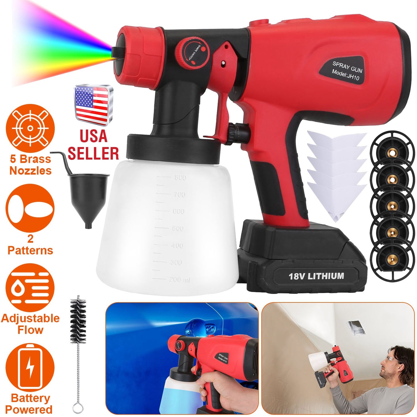 Cordless Electric Paint Sprayer with 5 Nozzles & 800ML Cup