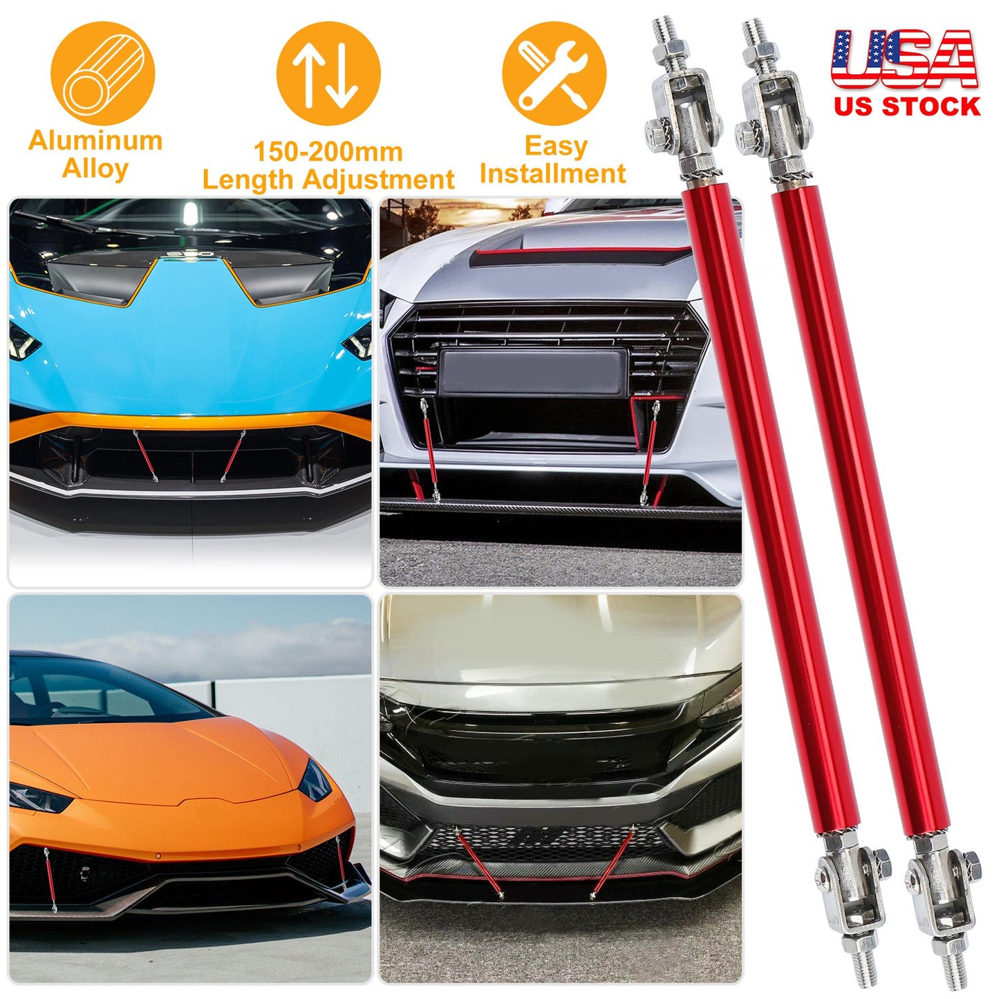 Adjustable Front Bumper Lip Support Rods 150-200mm Red