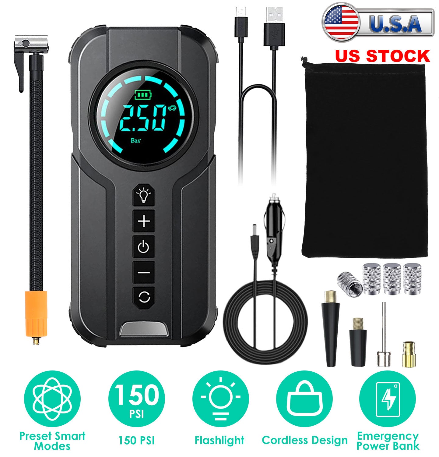 Portable Tire Inflator 150 PSI Wireless Air Compressor with LED