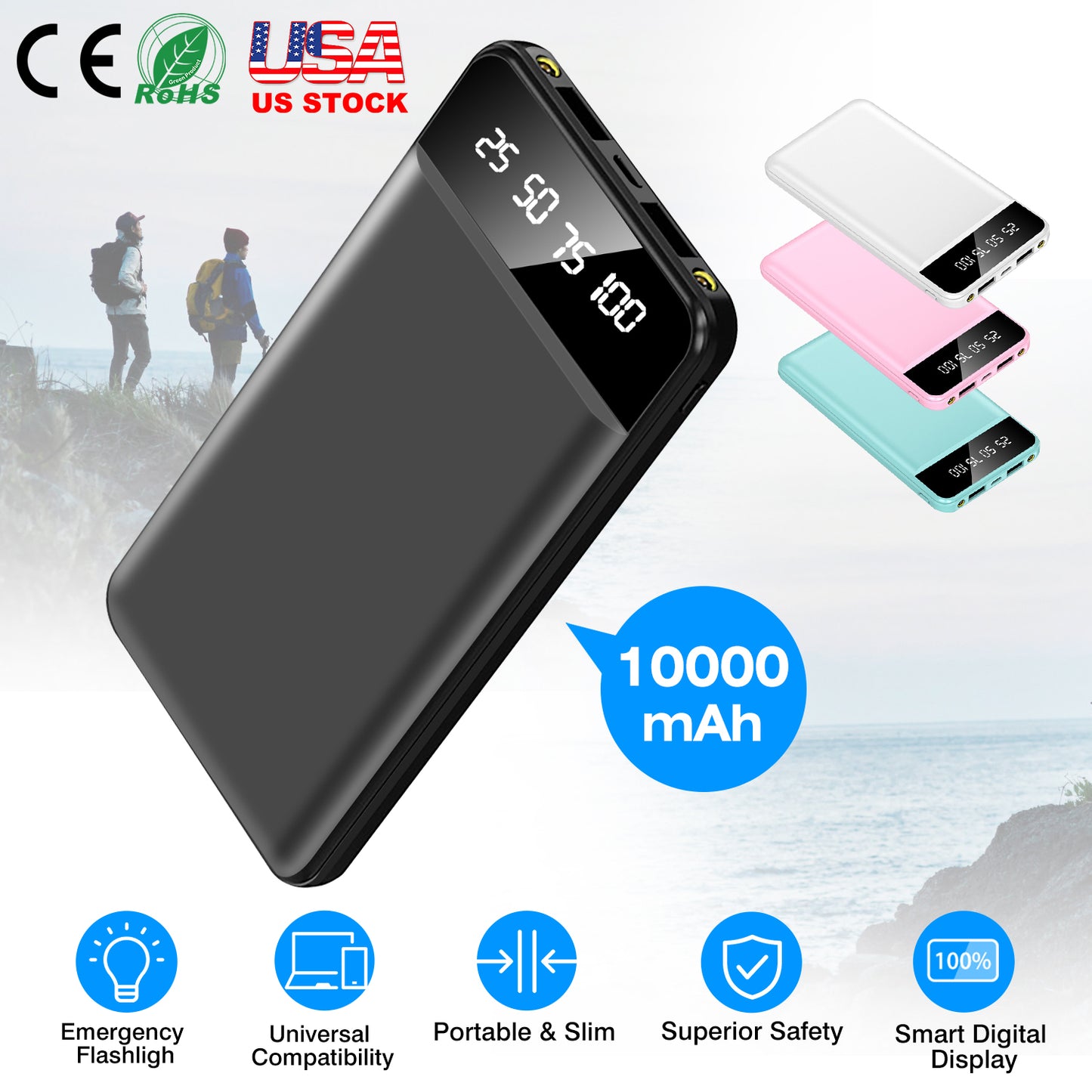 10000mAh Portable Power Bank with Digital Display & Flashlight