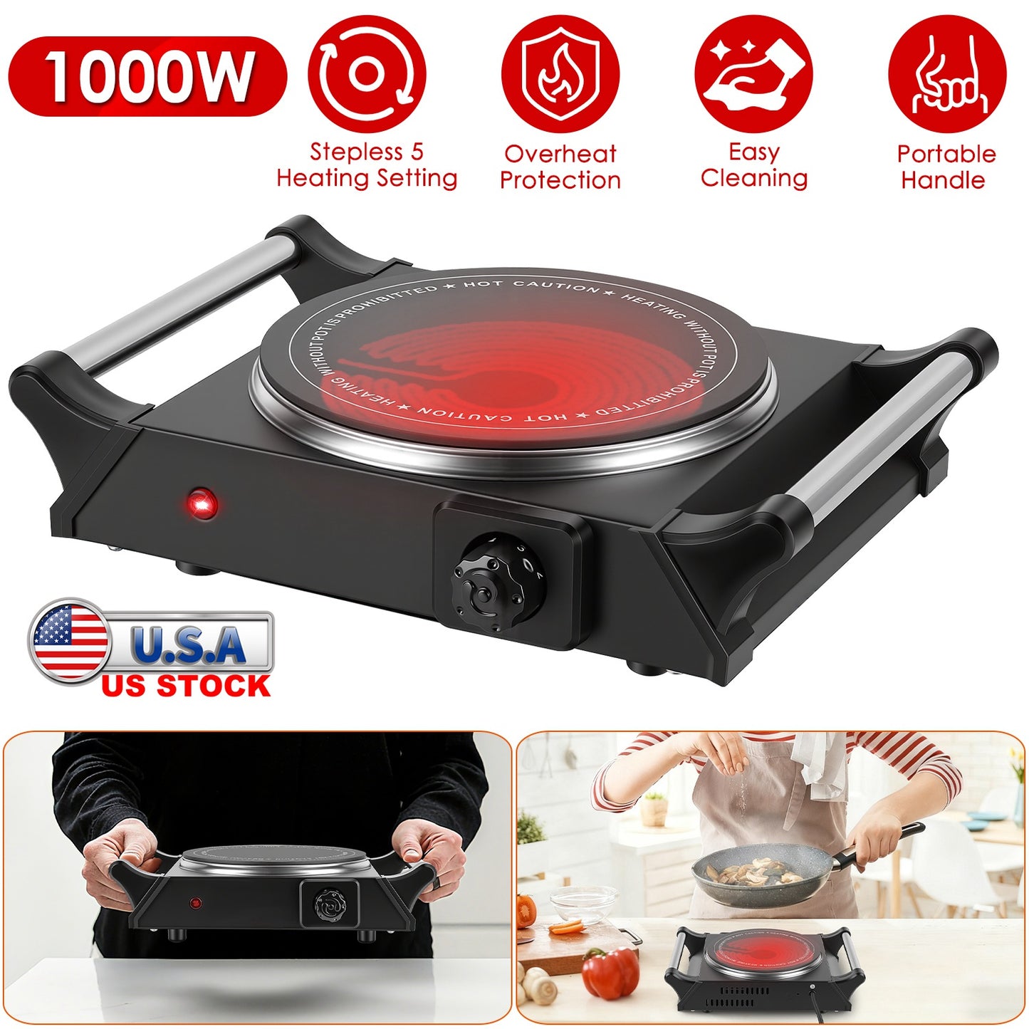 Electric Double Burner Hot Plate with Adjustable Temperature