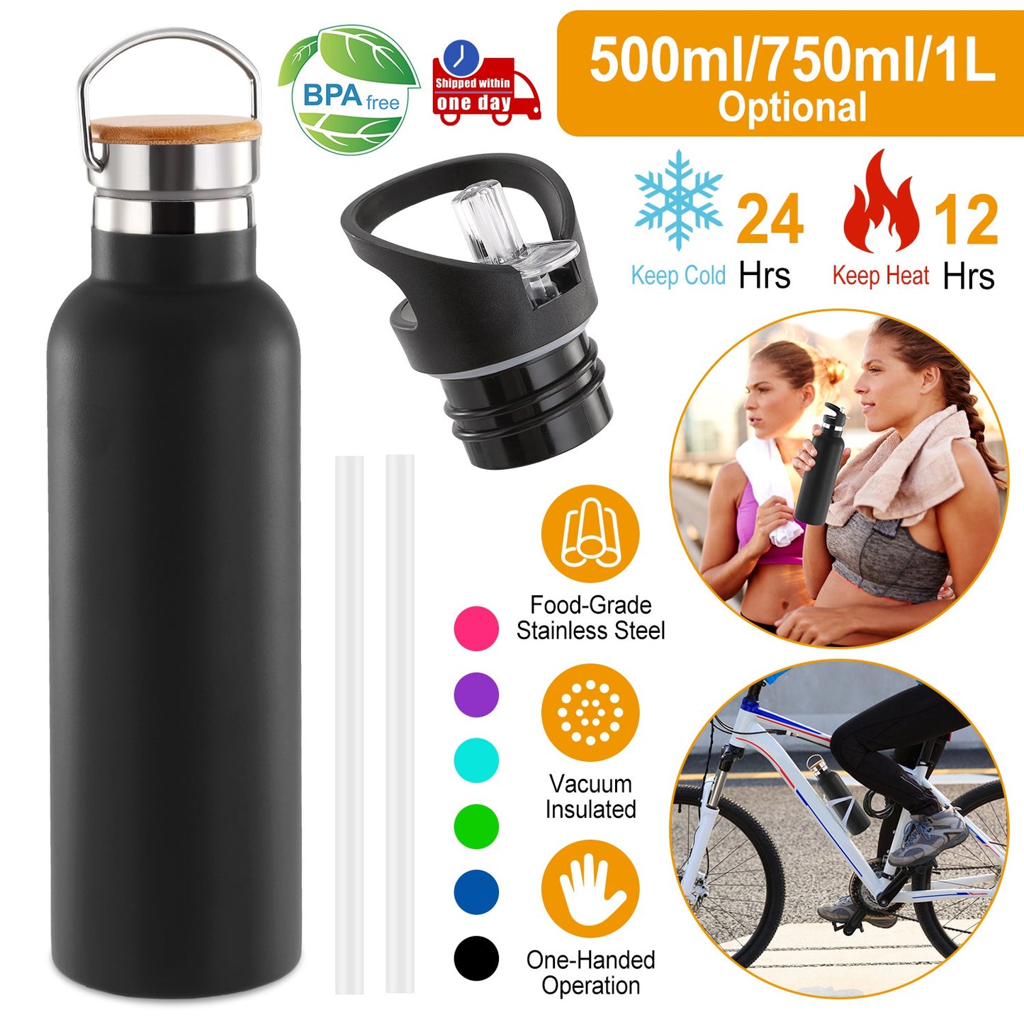 Insulated Stainless Steel Water Bottle with Dual Lids & Straws