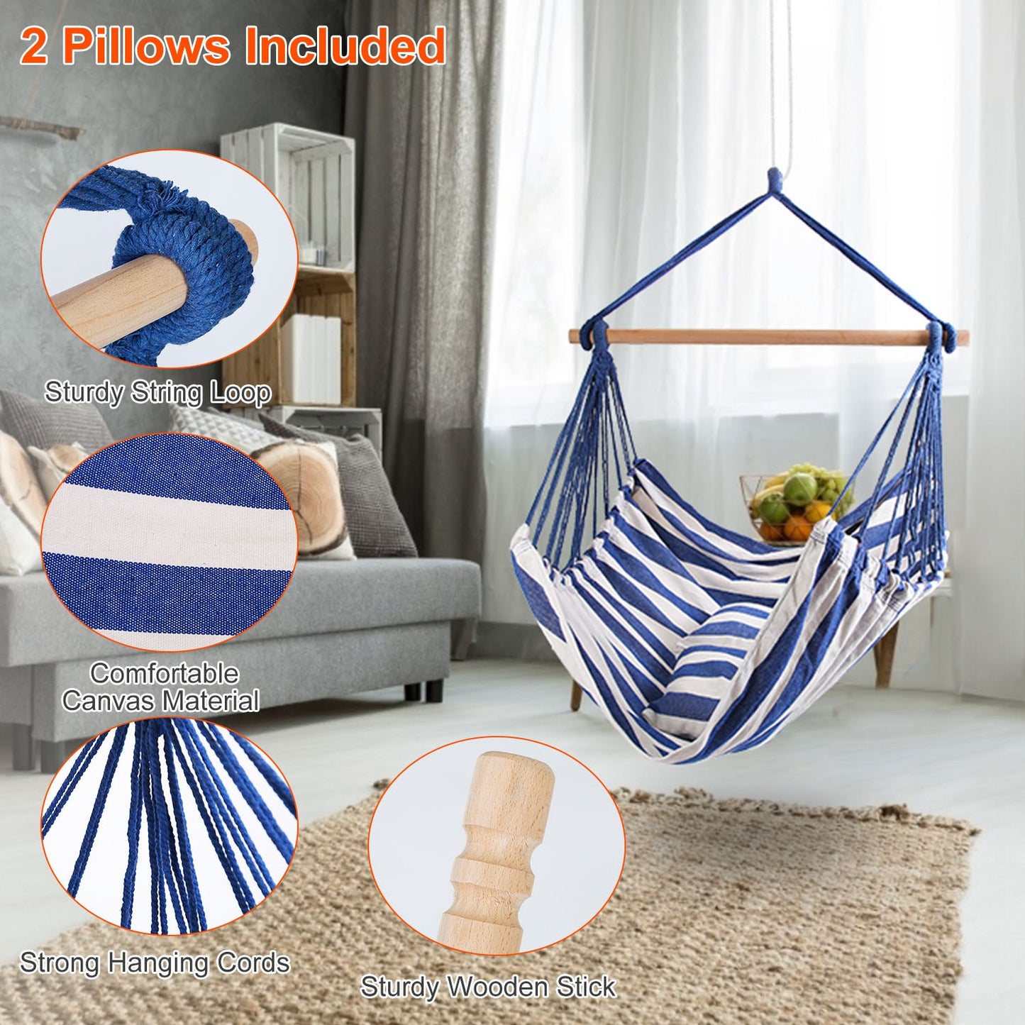 Hanging Hammock Chair with Pillows – 265 lbs Capacity