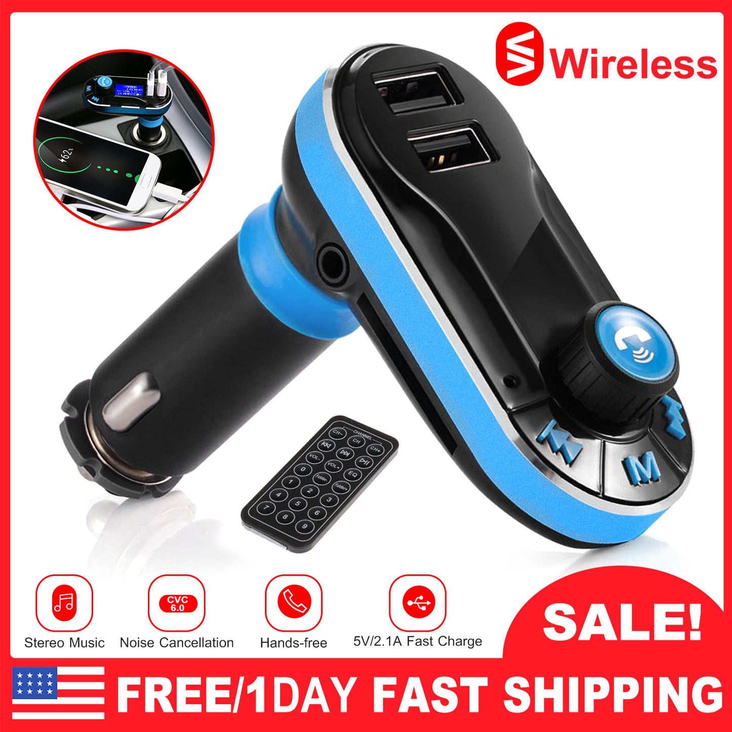 FM Transmitter with Dual USB Charger & Hands-Free Calling