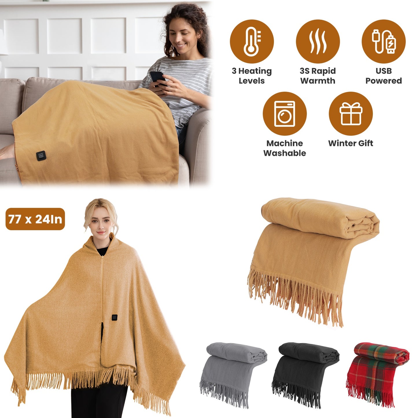 USB Heated Shawl with 3 Heat Levels and Zipper