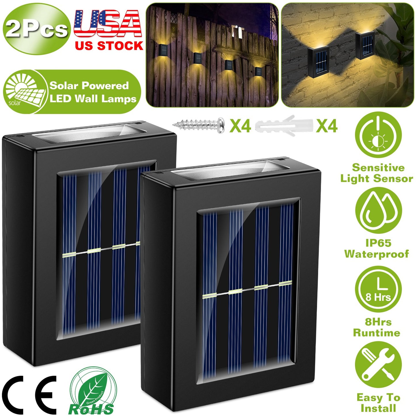 Solar Deck Lights Outdoor - 2 Pack Waterproof LED Fence Lamps