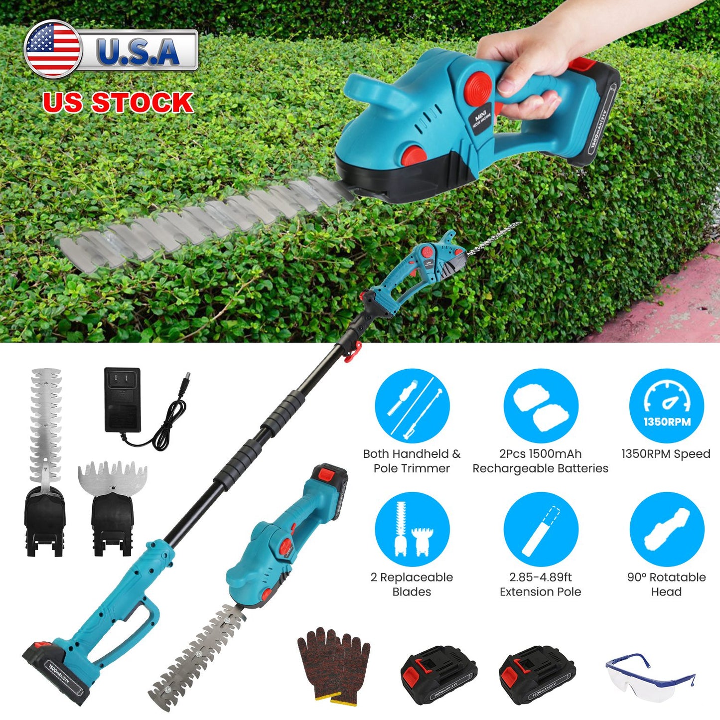 Cordless Hedge Trimmer with Telescopic Pole & Rotating Head