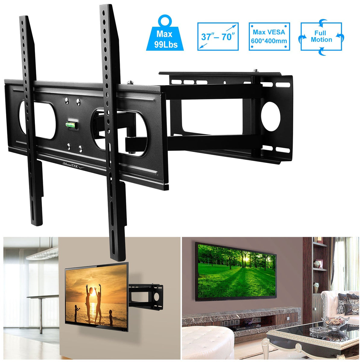 Full Motion TV Wall Mount Swivel Tilt TV Wall Rack Support 37-70Ó TV Wall Mount Max VESA Up To 600x400mm Holds Up To 99LBS