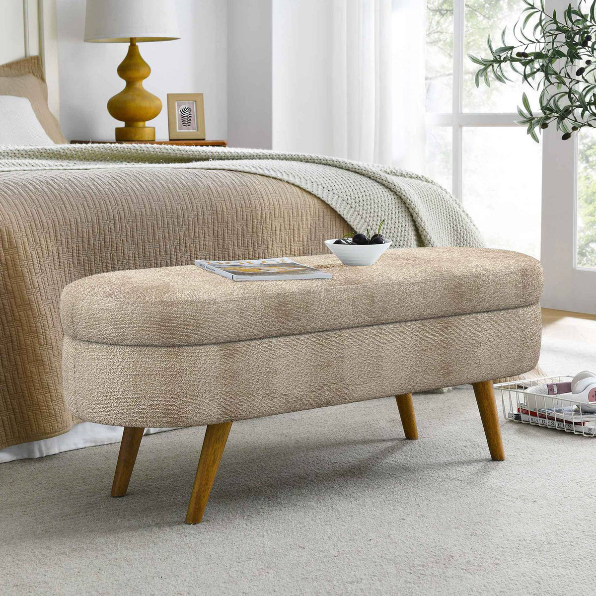 Oval Storage Ottoman Bench, Upholstered Storage Bench with Rubberwood Legs, Multifunctional Entryway Bench for Bedroom L