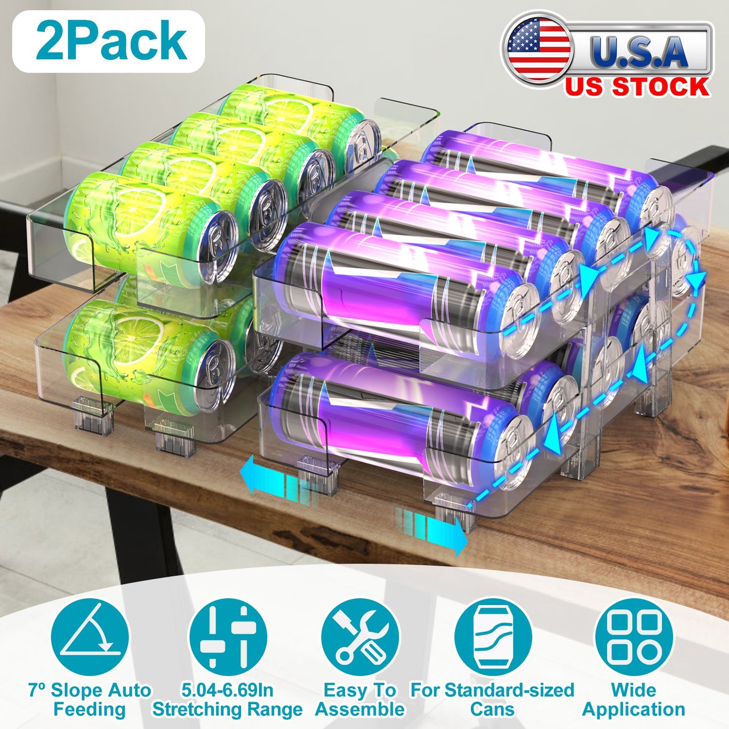 Adjustable Soda Can Organizer 2-Pack with Auto-Rolling Dispenser