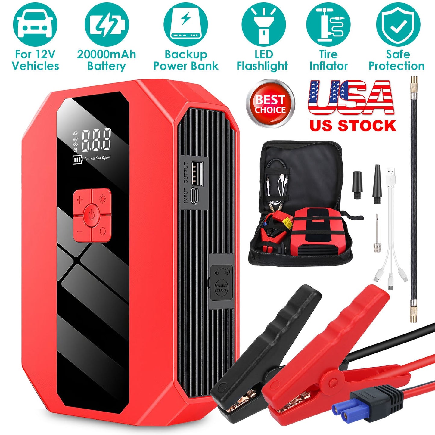 Car Jump Starter 1500A with Air Compressor & Power Bank