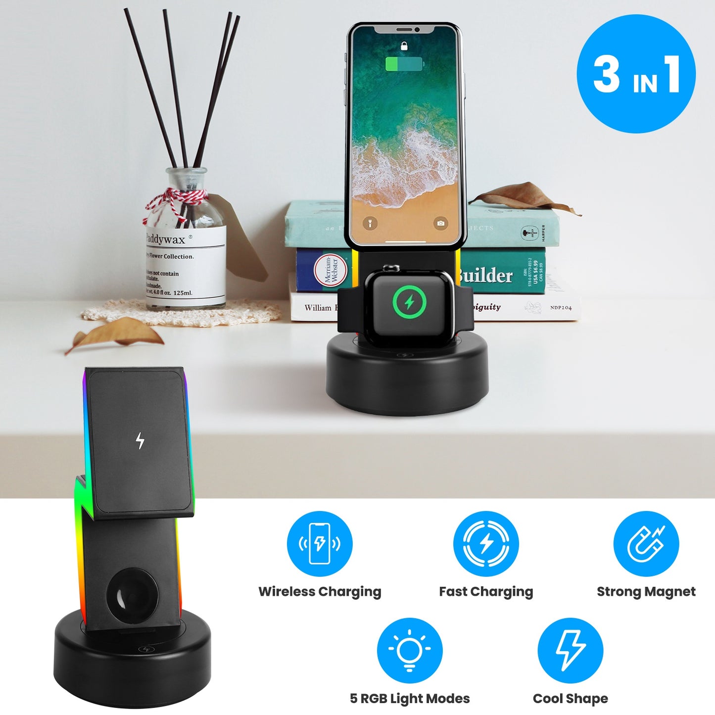 3-in-1 Magnetic Wireless Charging Station with RGB Lighting
