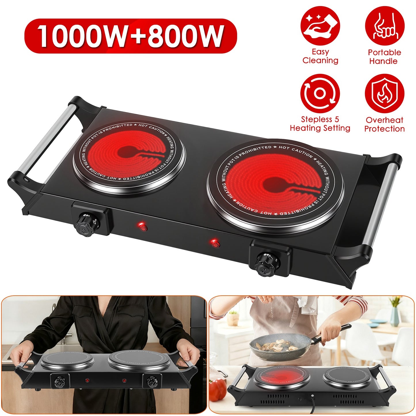 Electric Double Burner Hot Plate with Adjustable Temperature