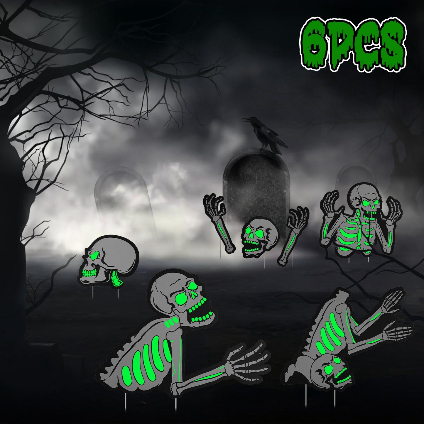Glow in the Dark Skeleton Yard Signs 6-Piece Halloween Set