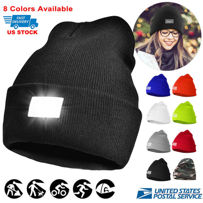 LED Knitted Beanie with Built-In Headlamp for Hands-Free Light