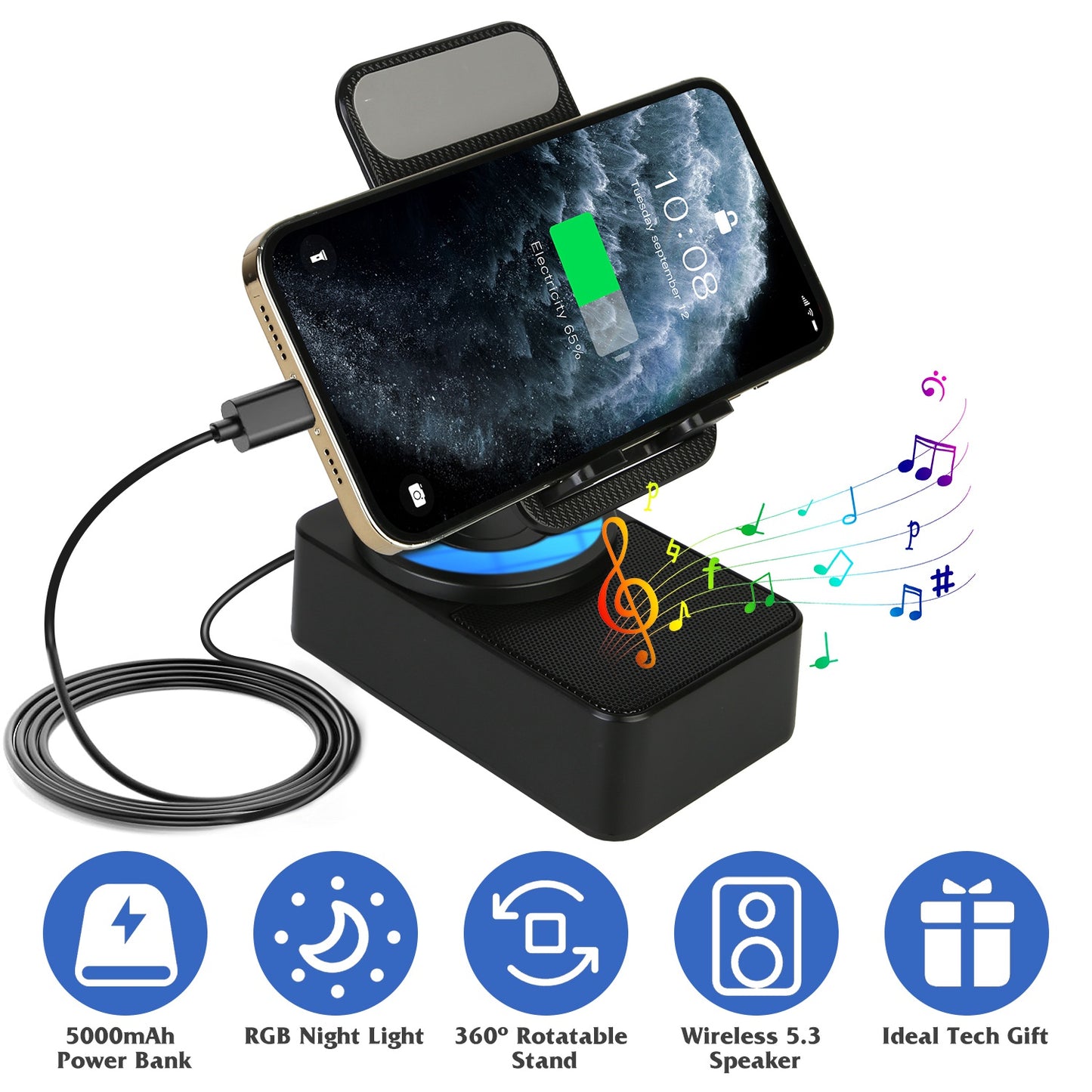 4-in-1 Wireless Speaker Phone Stand with 5000mAh Power Bank